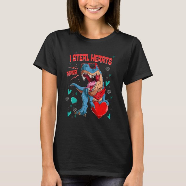 Camiseta I Steal Hearts T rex Dinosaur Valentines Day Kids  (Anverso)
