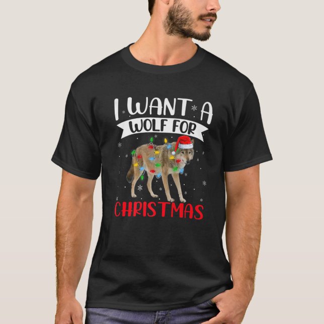 Camiseta I Want A Wolf For Christmas Lighting Santa Wolf Xm (Anverso)