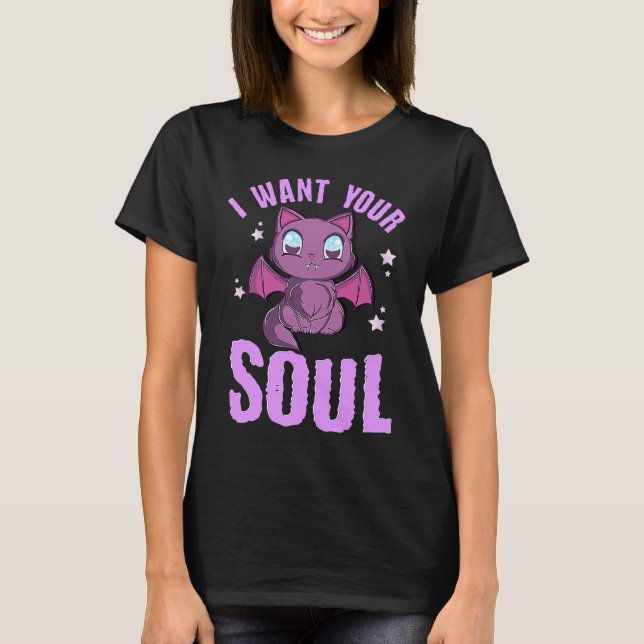 Camiseta I Want Your Soul Funny Halloween Cute Black Cat Ba (Anverso)