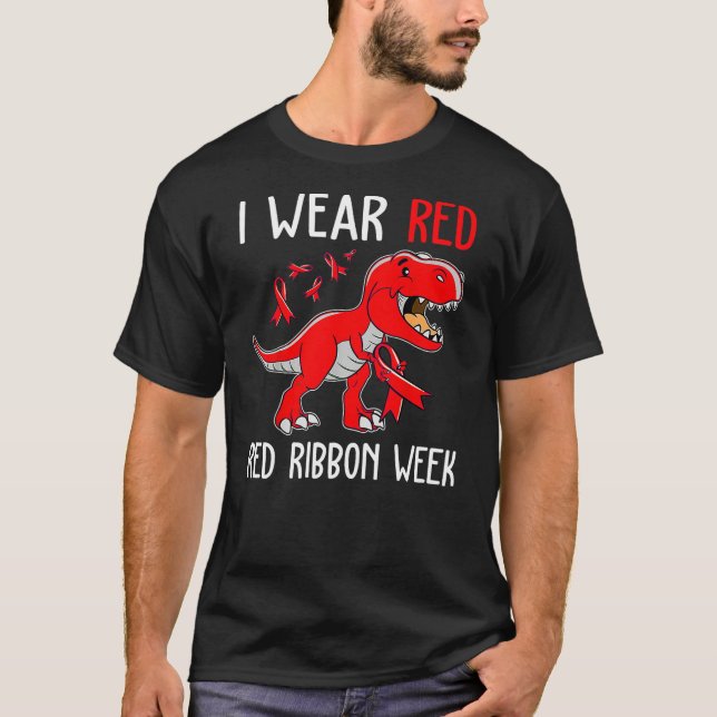 Camiseta I Wear Red For Red Ribbon Week Awareness Dinosaur (Anverso)