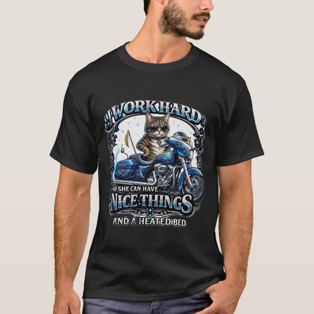 Camiseta I Work Hard" Cat on Motorcycle T-shirt (Anverso)