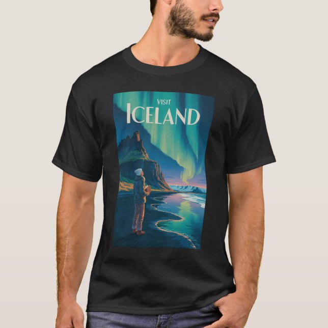 Camiseta Iceland Northern Lights Illustration Travel Art Vi (Anverso)