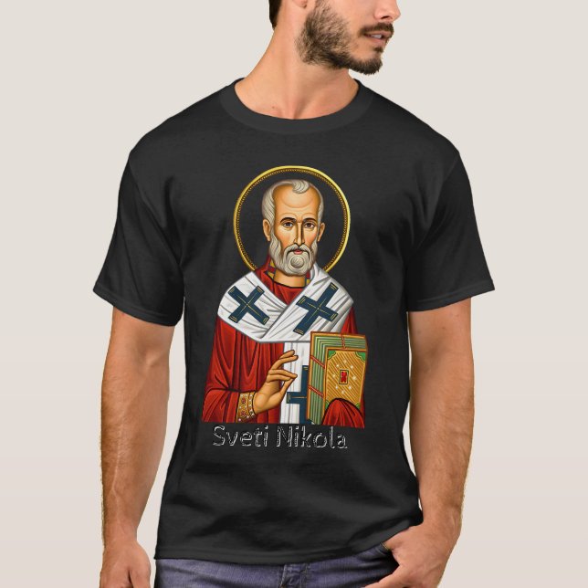 Camiseta Icono de la letra serbia ortodoxa de San Nicolás (Anverso)