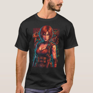 Camiseta Icono de Regina con traje táctico y cabello rojo d