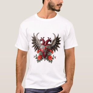Camiseta Icono gótico romántico: corazón, rosa, cráneo.