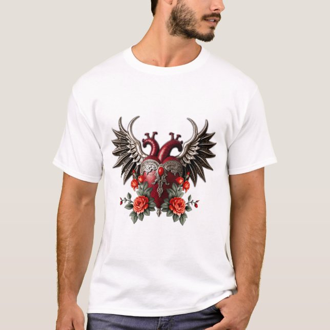 Camiseta Icono gótico romántico: corazón, rosa, cráneo. (Anverso)