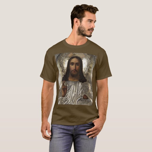 Camiseta Icono ruso del Pantocrador de Cristo Silver Oklad  (Anverso completo)