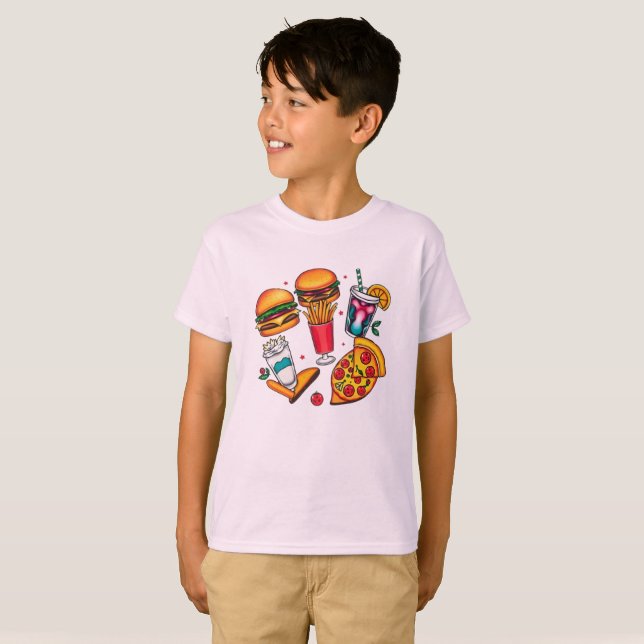 Camiseta Iconos de comida retro - hamburguesas, fritas, bat (Anverso completo)