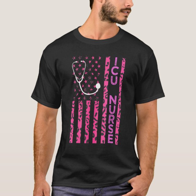 Camiseta Icu Enfermera Leopardo Imprimir Bandera Rosa De Ee (Anverso)