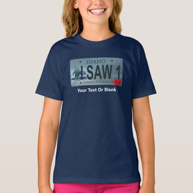 Camiseta Idaho "I Saw 1" Sasquatch License Plate (Anverso)