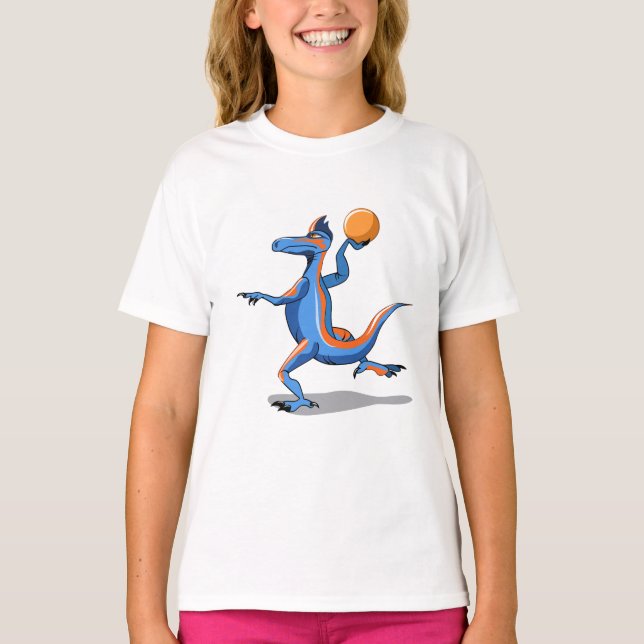Camiseta Iguanodon Personalizado jugando básquetbol. (Anverso)