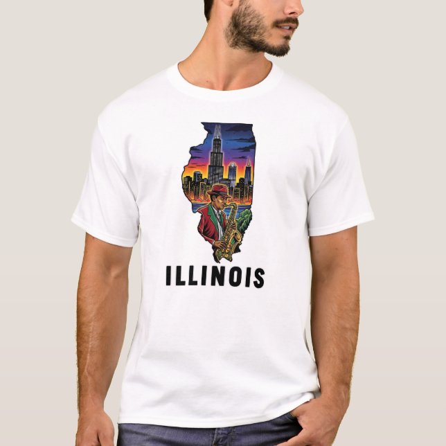 Camiseta Illinois State Tattoo Style Skyline Jazz Saxophone (Anverso)