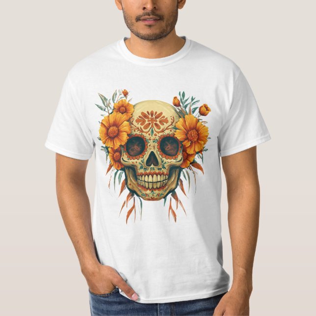 Camiseta Illustration d'un Crâne de Fête des Morts avec Fle (Anverso)