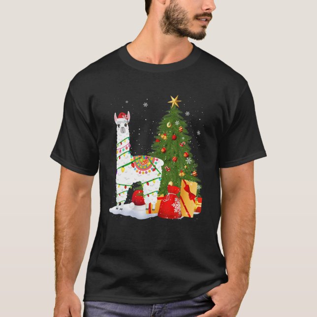 Camiseta Iluminación de árbol de navidad lindo Santa Llama  (Anverso)