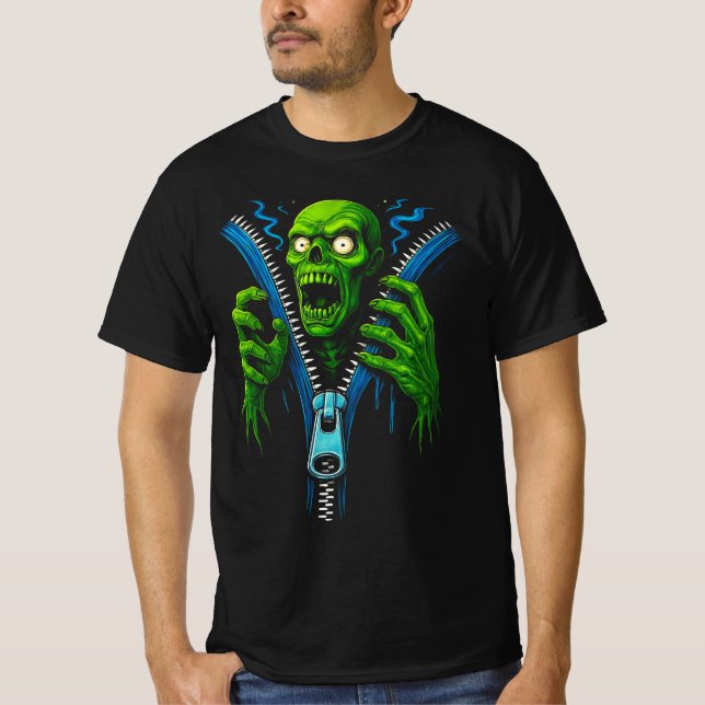 Camiseta Ilusión Zombie Zipper | Tee gráfico de horror 3D | (Anverso)
