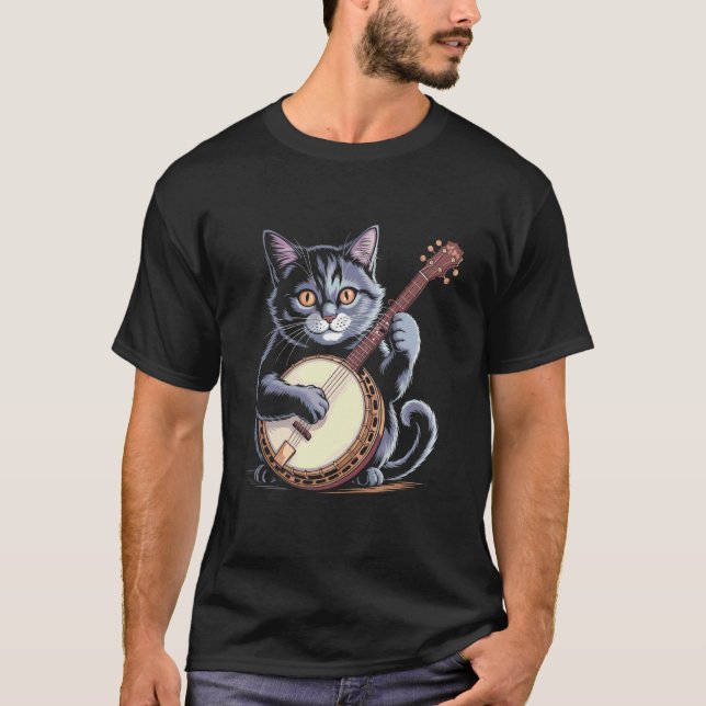 Camiseta Ilustración 1 de gato tocando el banjo (Anverso)