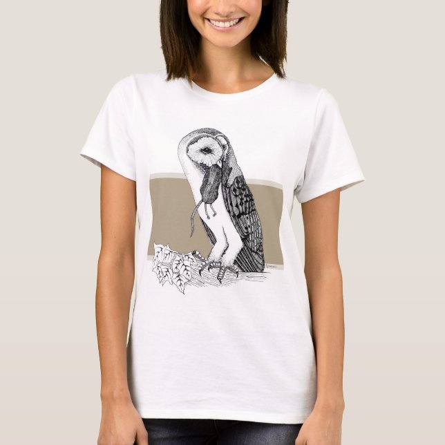 Camiseta Ilustracion blanco y negro de búho de granero (Anverso)