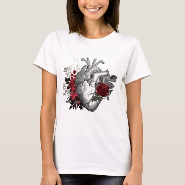 Camiseta Ilustracion cardíaco vintage con rosas rojas sangu (Anverso)