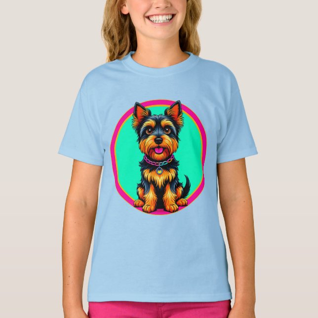 Camiseta Ilustración Colorida de Perro Feliz Sentado (Anverso)