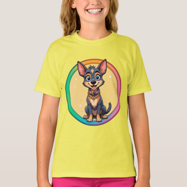 Camiseta Ilustración Colorida de Perro Feliz Sentado (Anverso)