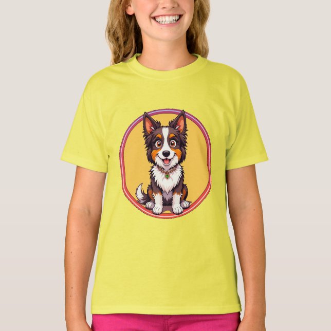 Camiseta Ilustración Colorida de Perro Feliz Sentado (Anverso)