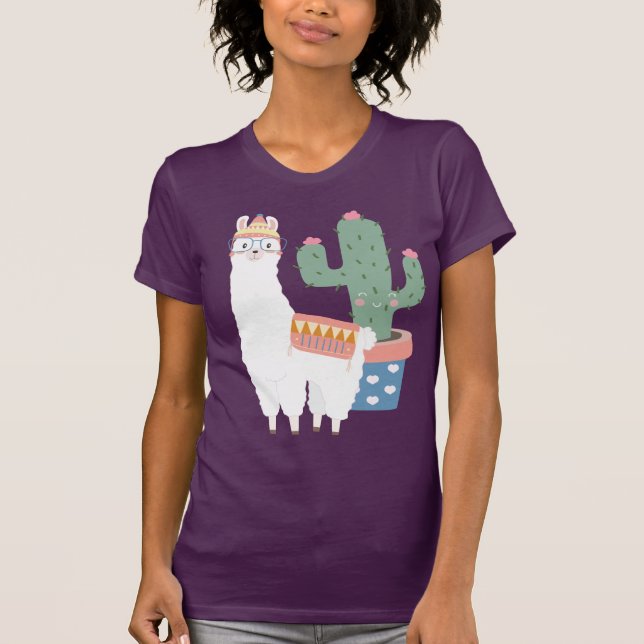 Camiseta Ilustracion Cute Kawaii Llama y Cactus (Anverso)