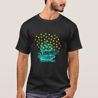 Camiseta Ilustracion de barco verde claro sobre estrellas a
