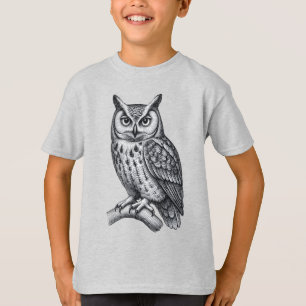 Camiseta Ilustración de búho grabado en blanco y negro vint