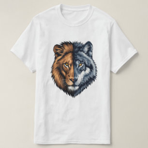 Camiseta Ilustración de cara dividida de lobo león colorido
