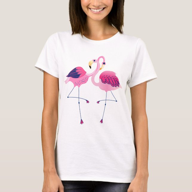 Camiseta Ilustracion de flamencos rosados y azules (Anverso)