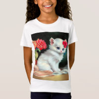 Ilustracion de gatito blanco con flores rojas