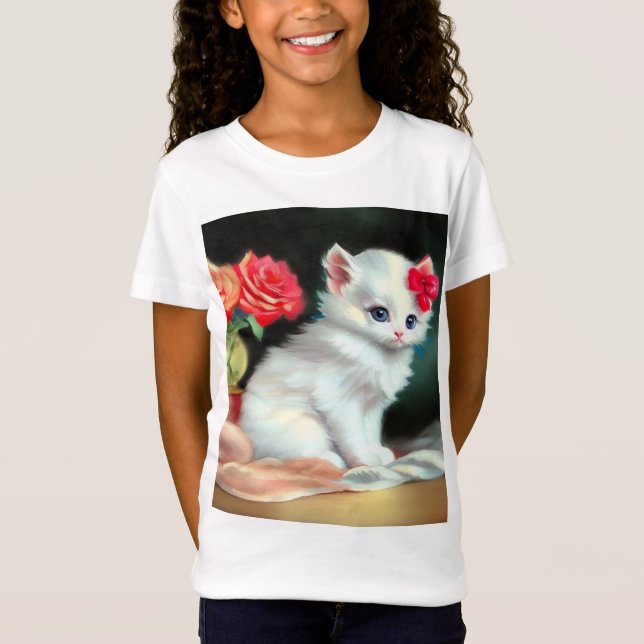 Camiseta Ilustracion de gatito blanco con flores rojas (Anverso)