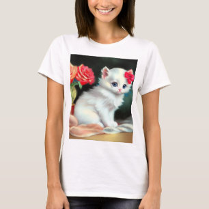 Camiseta Ilustracion de gatito blanco con flores rojas