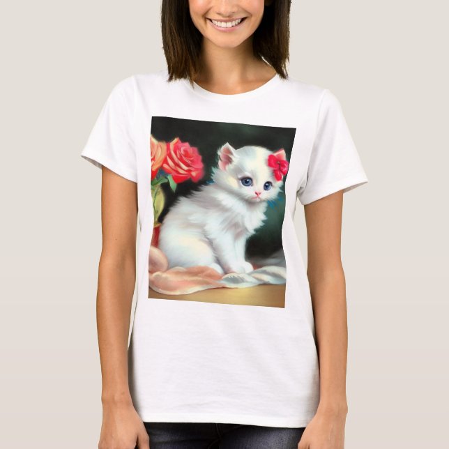 Camiseta Ilustracion de gatito blanco con flores rojas (Anverso)