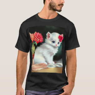 Camiseta Ilustracion de gatito blanco con flores rojas