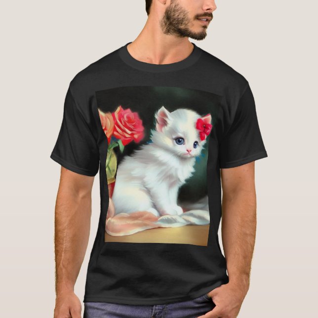 Camiseta Ilustracion de gatito blanco con flores rojas (Anverso)