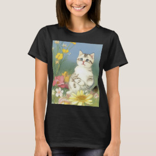 Camiseta Ilustracion de gatito vintage con flores amarillas