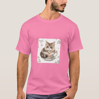 Camiseta Ilustración de gato acogedor en taza de té