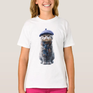 Camiseta Ilustración de gato con boina y bufanda de cuadros