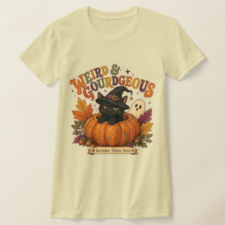 Camiseta Ilustración de gato de calabaza otoñal rara y Gour