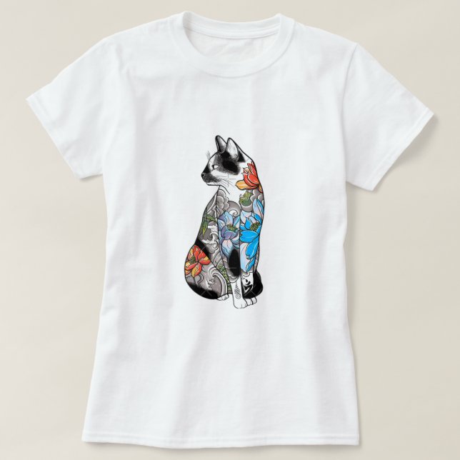 Camiseta Ilustracion de gato de tatuaje floral - vibrante,  (Diseño del anverso)