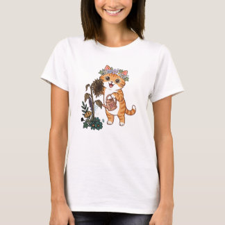 Camiseta Ilustración de gato jardinero lindo regando giraso