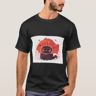 Camiseta Ilustración de gato lindo con sombrero de pez