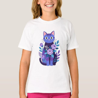 Camiseta Ilustración de gato púrpura floral y rosas