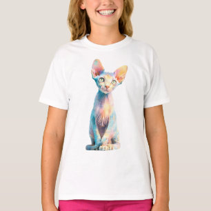 Camiseta Ilustración de gato Sphynx arcoíris pastel para ni