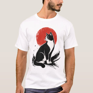Camiseta Ilustración de gato tuxedo con tinta japonesa y so