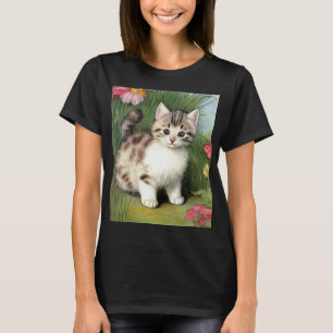 Camiseta Ilustracion de gato vintage con flores rojas