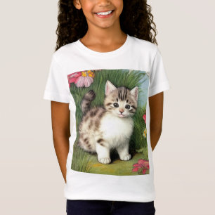 Camiseta Ilustracion de gato vintage con flores rojas