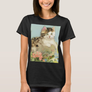 Camiseta Ilustracion de gato vintage con flores rosas