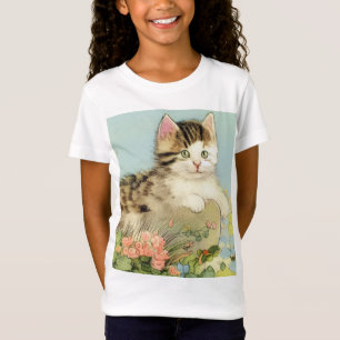 Camiseta Ilustracion de gato vintage con flores rosas